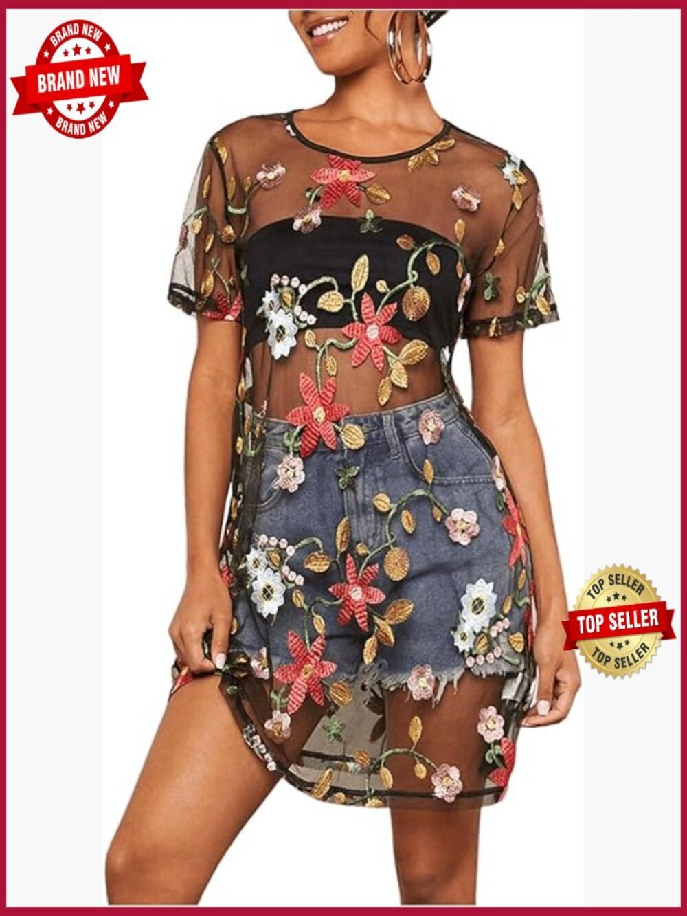 Embroidered Sheer Floral Mesh Short Sleeve Dressy Going Out Top